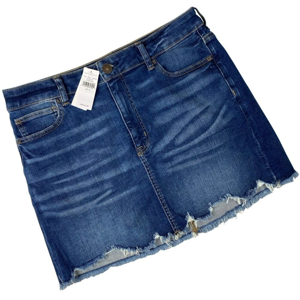 NWT American Eagle Hi Rise Mini Denim Skirt Size 14 Raw Hem Blue Stretch
